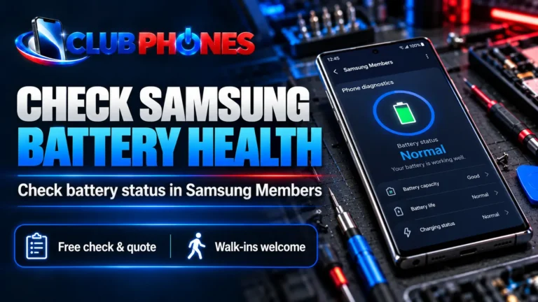 Illustration of a Galaxy-style phone showing a Normal battery status beside Club Phones article text.