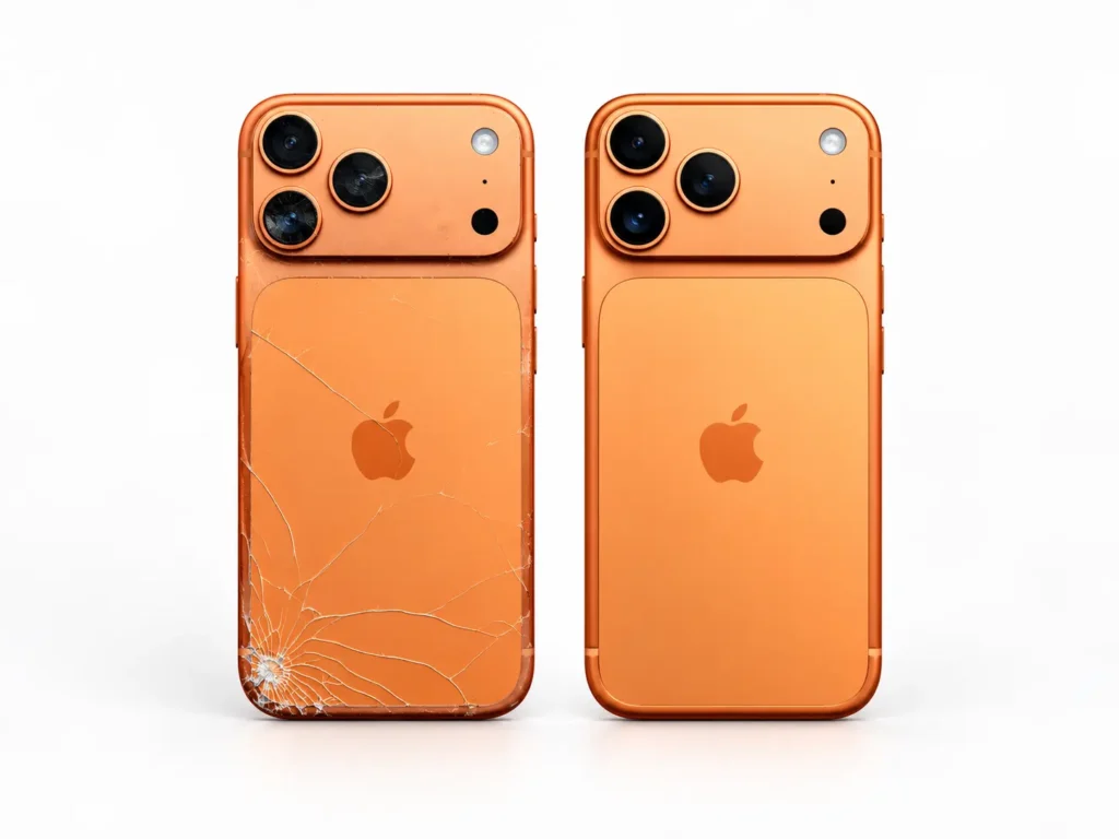 iPhone with cracked back glass before and after repair by Club Phones Narellan