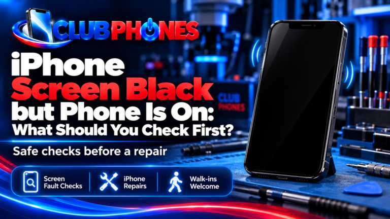 Club Phones illustration of an iPhone with a black display on a blue-lit repair bench beside black-screen troubleshooting text.